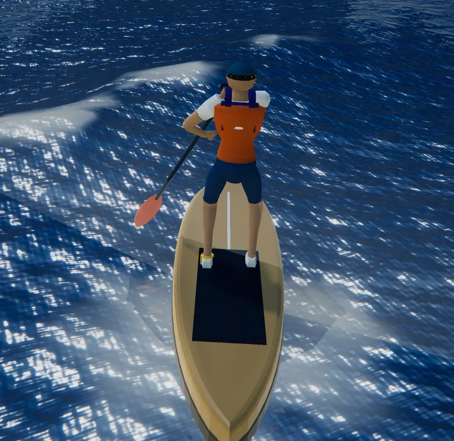 Close-up of Venture Out: a paddleboarder on deep blue water, with sunlight glinting on the waves and foam along the crests.