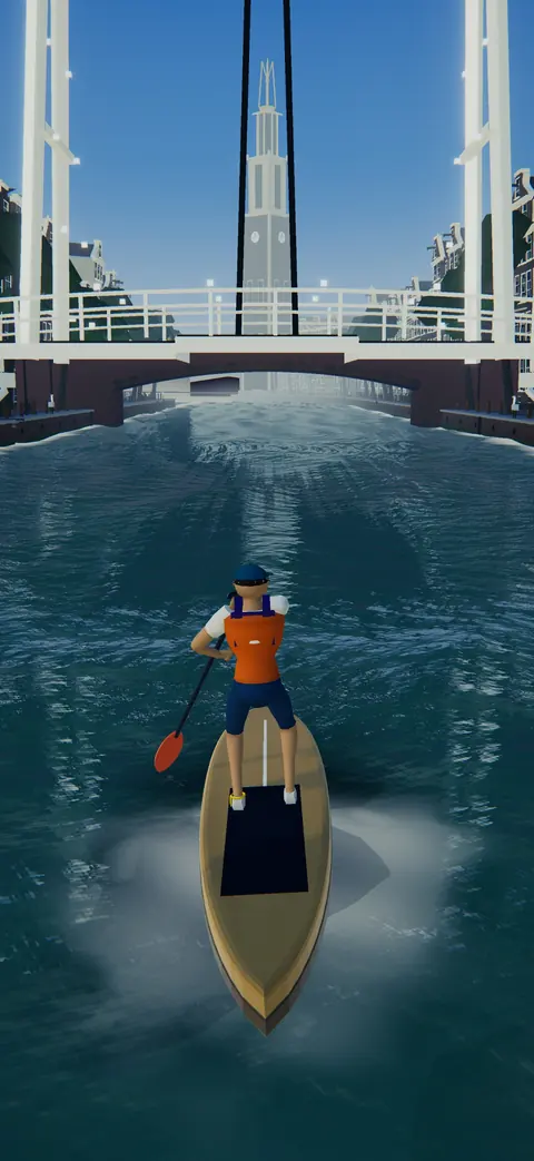 A paddleboarder approaching a white drawbridge on an Amsterdam canal.