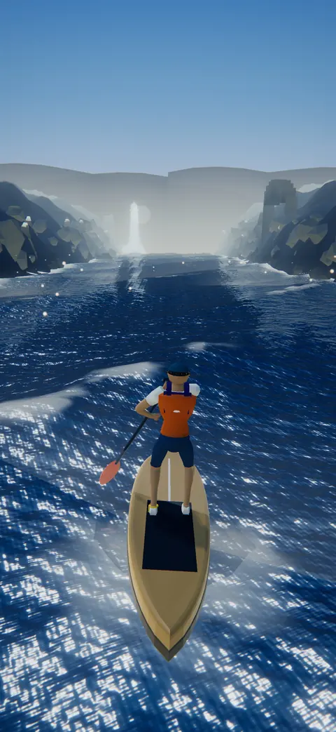 A paddleboarder on deep blue water between rocky coastal cliffs.