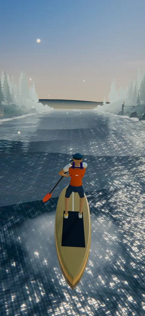 A paddleboarder on a misty forest lake at dawn.
