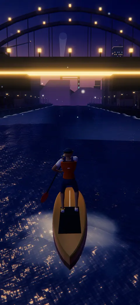 A paddleboarder heading under a lit-up bridge in a harbor at night.