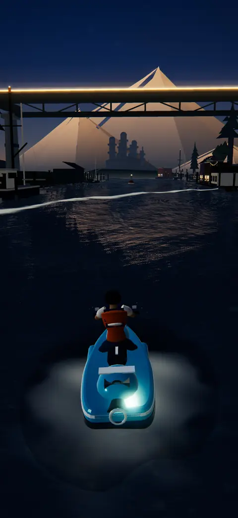 A jet ski on Lake Union at dusk with a mountain glowing on the horizon.