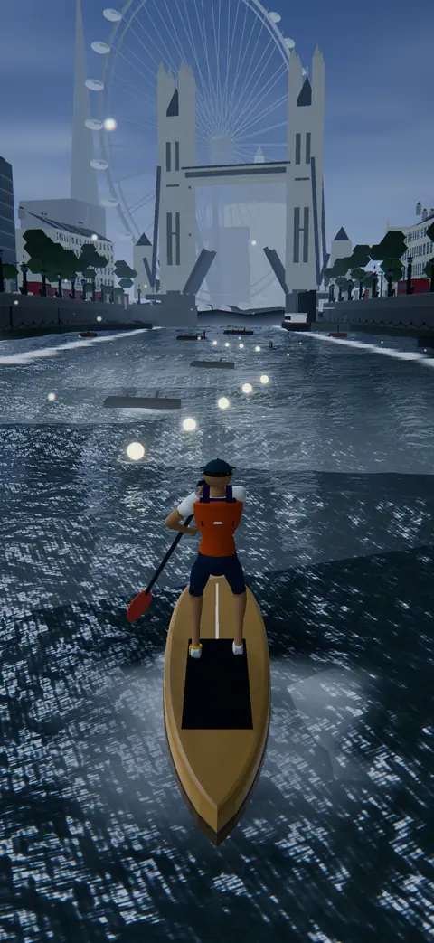 A paddleboarder on the Thames with Tower Bridge ahead.