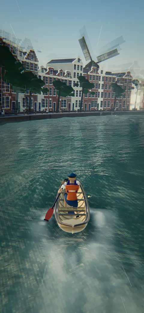 A canoeist on a wide Amsterdam canal lined with gabled houses, with a windmill behind them.