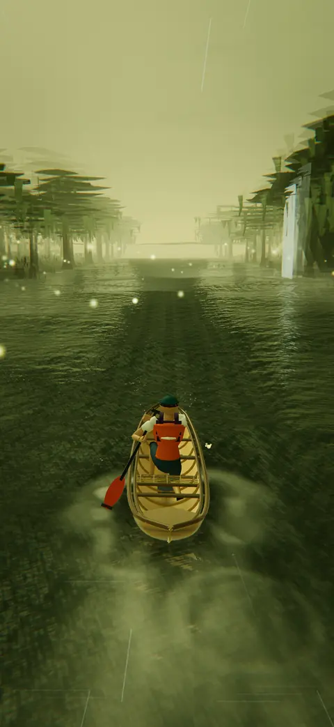 A canoeist paddling through thick green fog on a bayou lined with cypress trees.