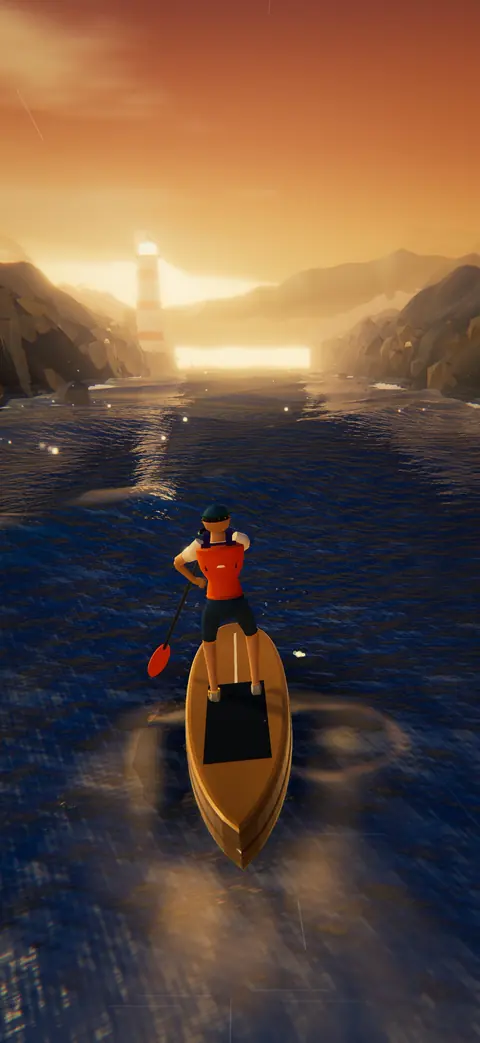 A paddleboarder on deep blue water heading for a lighthouse between rocky coastal cliffs at golden hour.