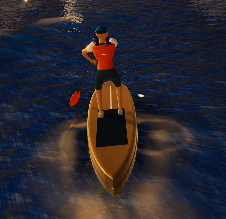 A paddleboarder on deep blue water at golden hour in Openair Horizons: Water, with sunlight glinting on the waves and foam rings around the board.