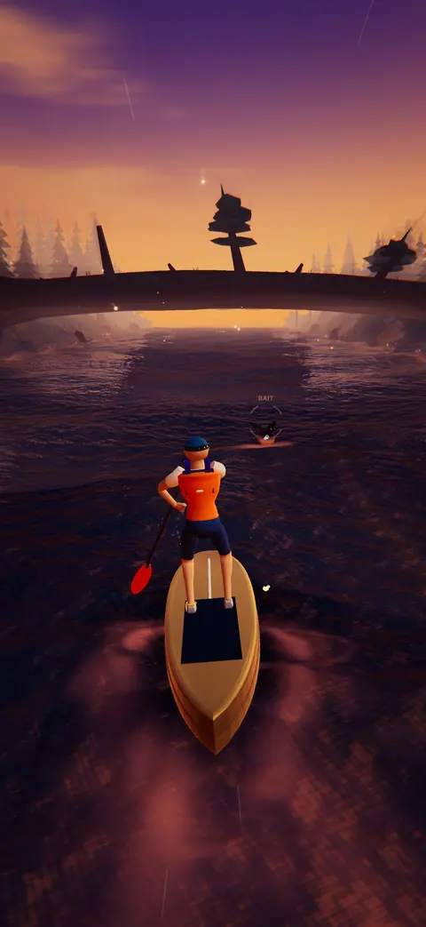 A paddleboarder at dusk on a dark forest lake, heading for a fallen log that spans the water under a purple and orange sky.