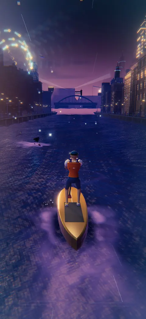 A paddleboarder at night in a harbor between lit-up towers, heading for a glowing bridge.