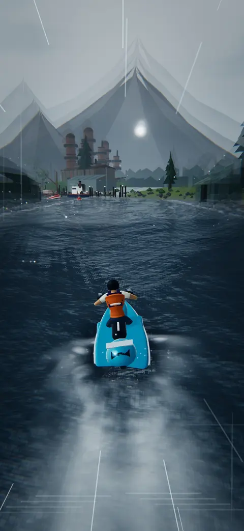 A rider on a blue jet ski crossing grey water on Lake Union, with mountains and old industrial towers on the far shore.