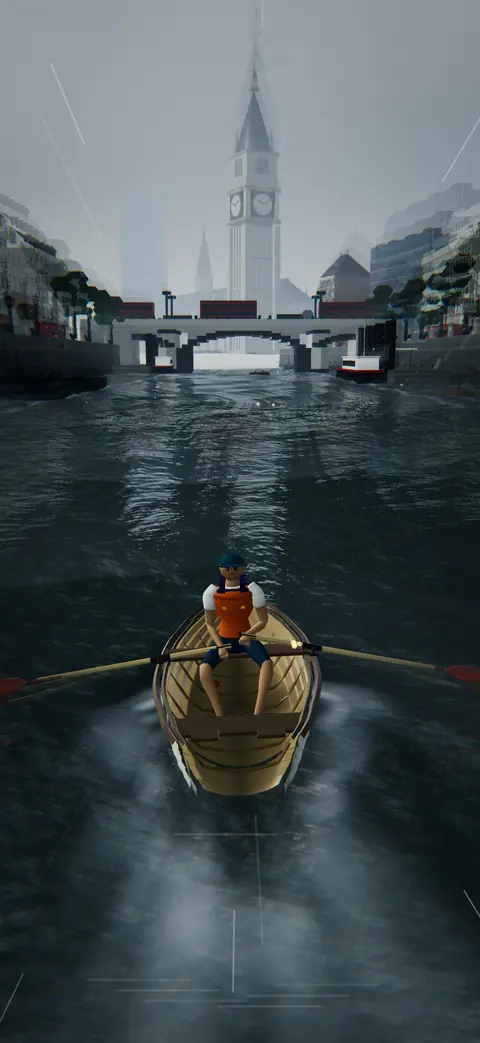 A rower in a rowboat on the misty Thames, heading for a bridge below a tall clock tower.